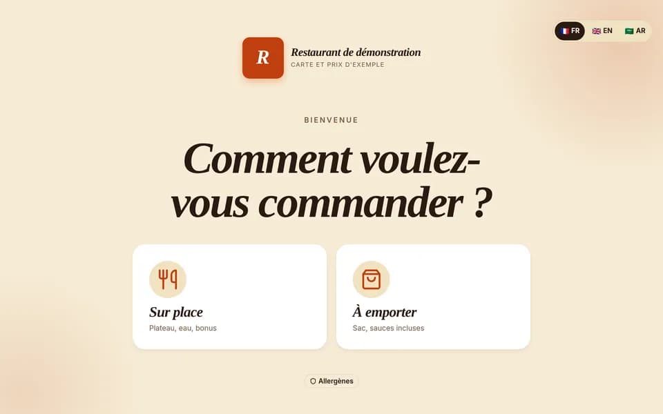 Borne de commande, écran « Accueil », avec une carte et des prix d’exemple