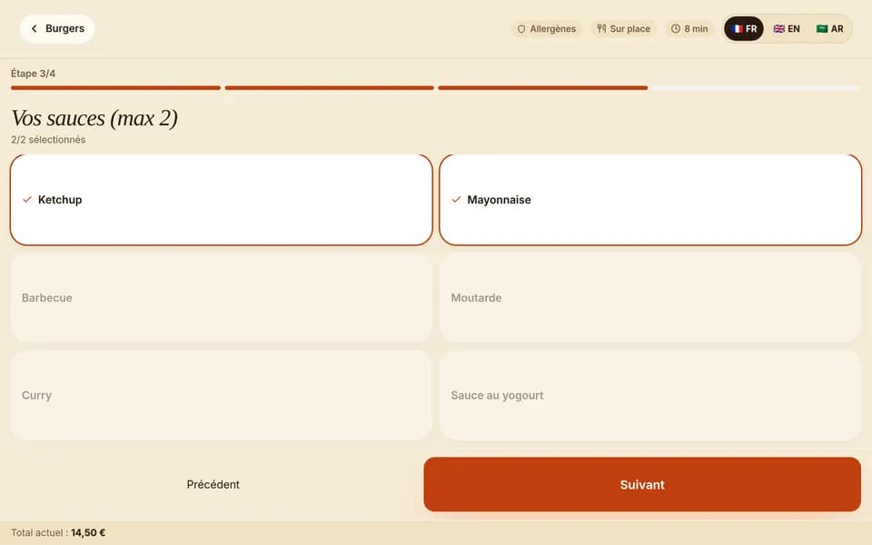 Borne de commande, écran « Composition du plat », avec une carte et des prix d’exemple