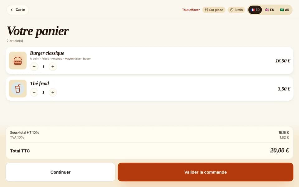 Borne de commande, écran « Panier », avec une carte et des prix d’exemple
