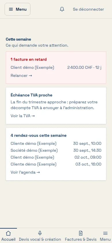 La Suite, écran « Cette semaine » sur un téléphone : interface réelle, données d’exemple, capturée le 30.09.2026