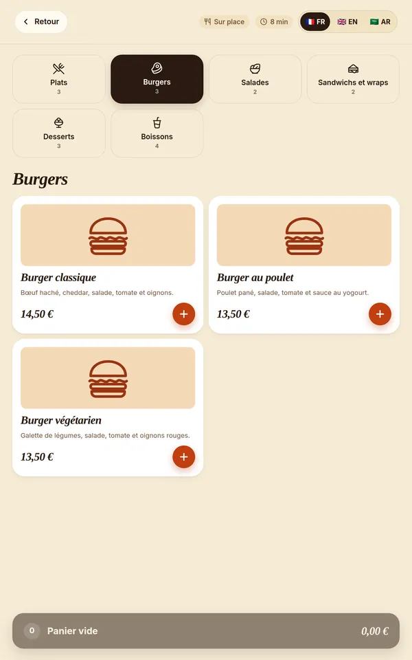 Écran « Carte » de la borne, pris dans l’application réelle avec une carte et des prix d’exemple, en euros.
